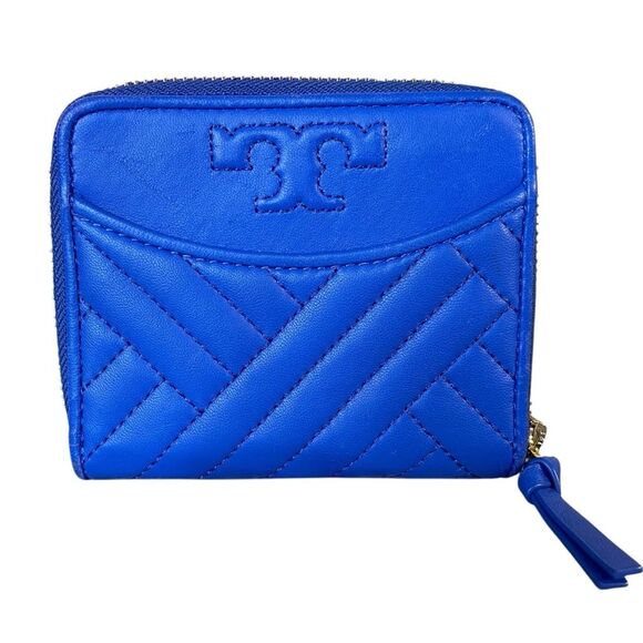 Tory Burch Foldable Mini Leather Wallet Full Zip Closure Quilted Lined with Logo - Picture 1 of 8